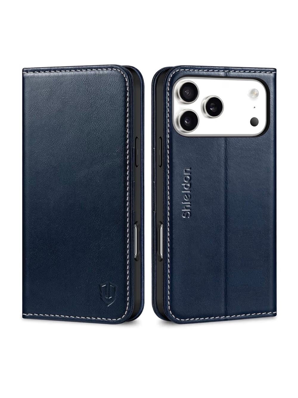 Wallet Case iPhone 17 Pro Max Genuine Leather Credit Card Holder Magnetic Blue